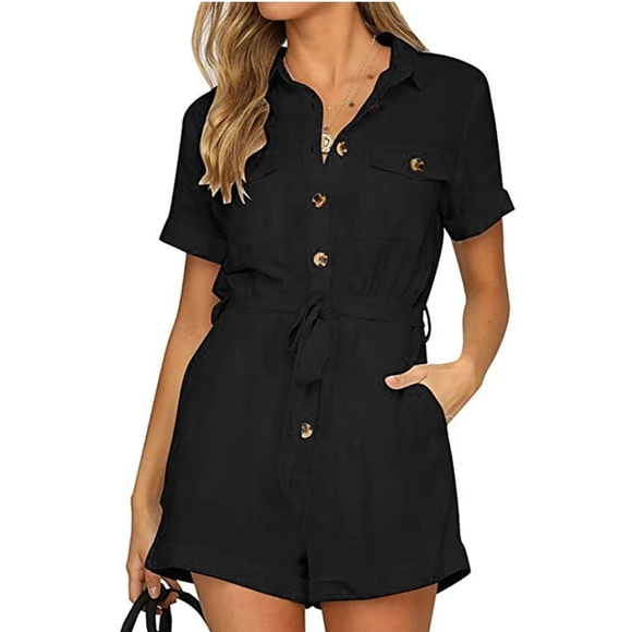 Black Shorts Button Up Shorts Romper size Large - Picture 2 of 6
